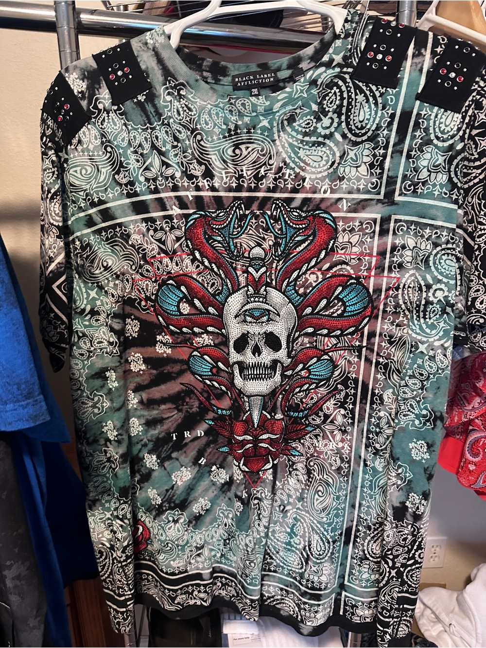 Affliction Black Label Tie-Dye Bandana Print Tee - Teal, Black, White